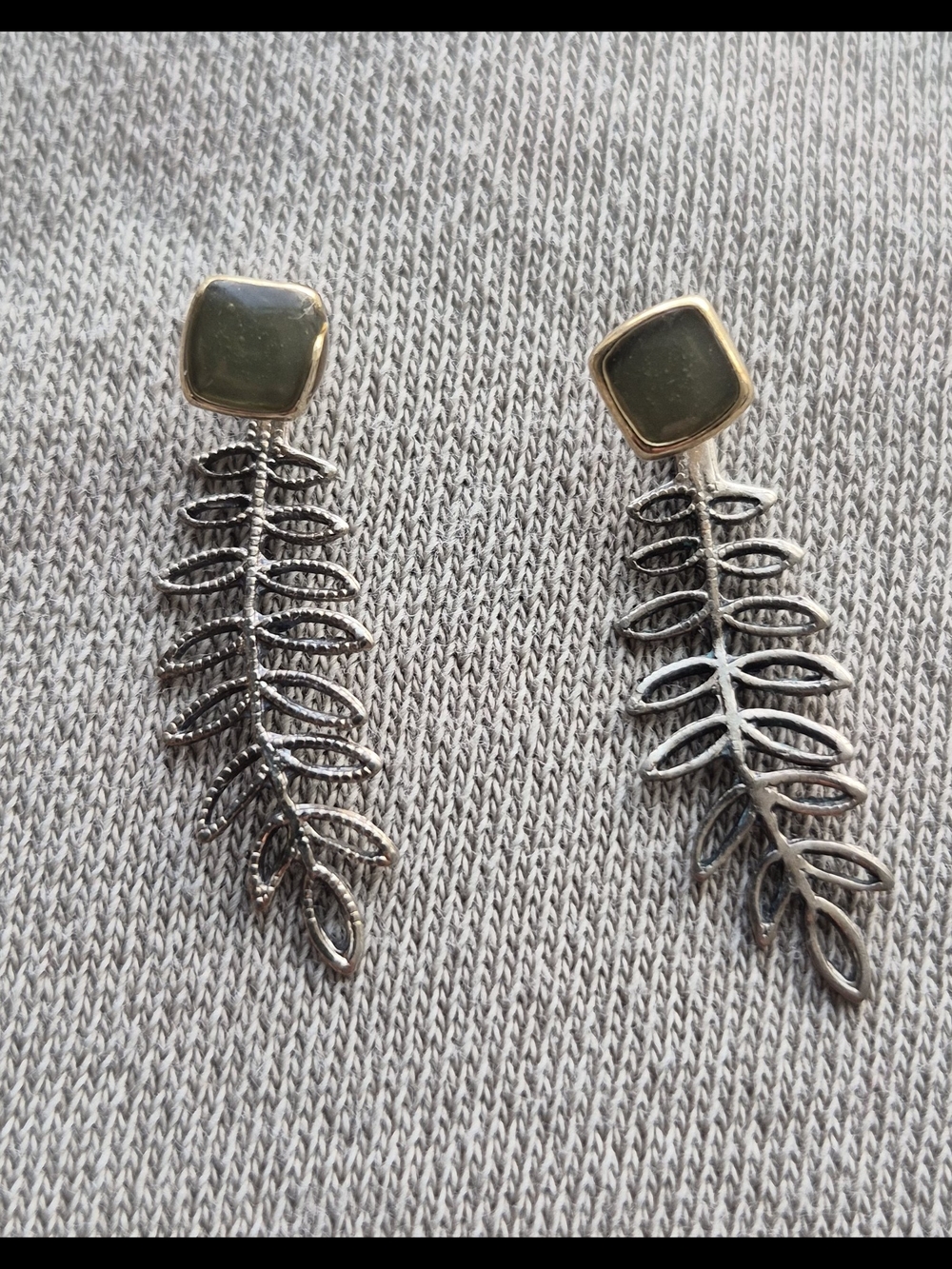 Sterling Silver Leaf Drop Earrings with Olive Green Stone